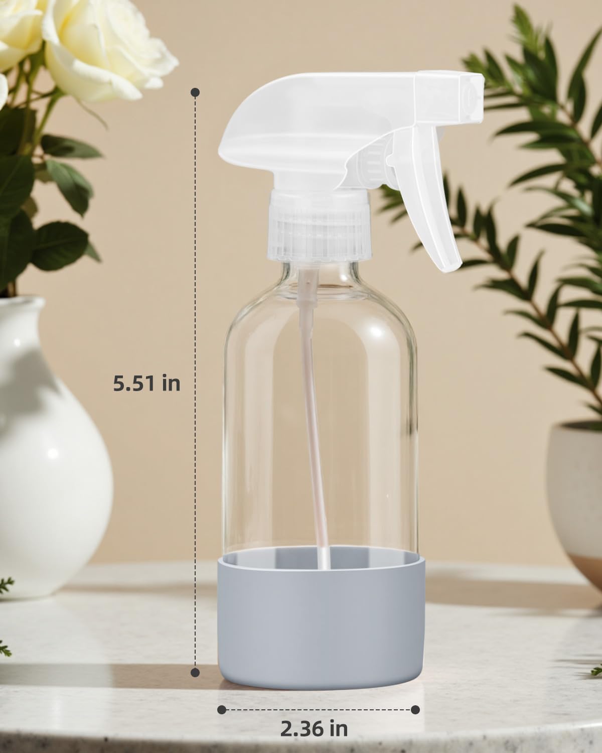 2 Pack Glass Spray Bottles 8 oz, Empty Refillable Containers with Silicone Sleeve Protection, Glass Spray Bottles for Cleaning Solutions, Hair and Plants with Adjustable Nozzles Blue&Grey