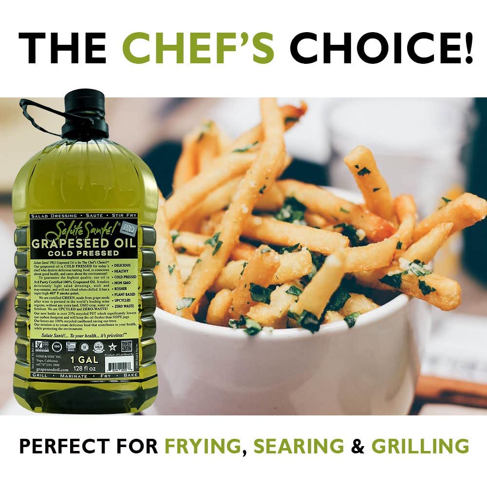 Cold Pressed Grapeseed Oil by Salute Sante! High Temperature Cooking, Healthy Grape Seed Oil, Non-GMO and Kosher for Salad Dressings, Marinades and Dips, Vegan, 1 Gallon, 2 Pack