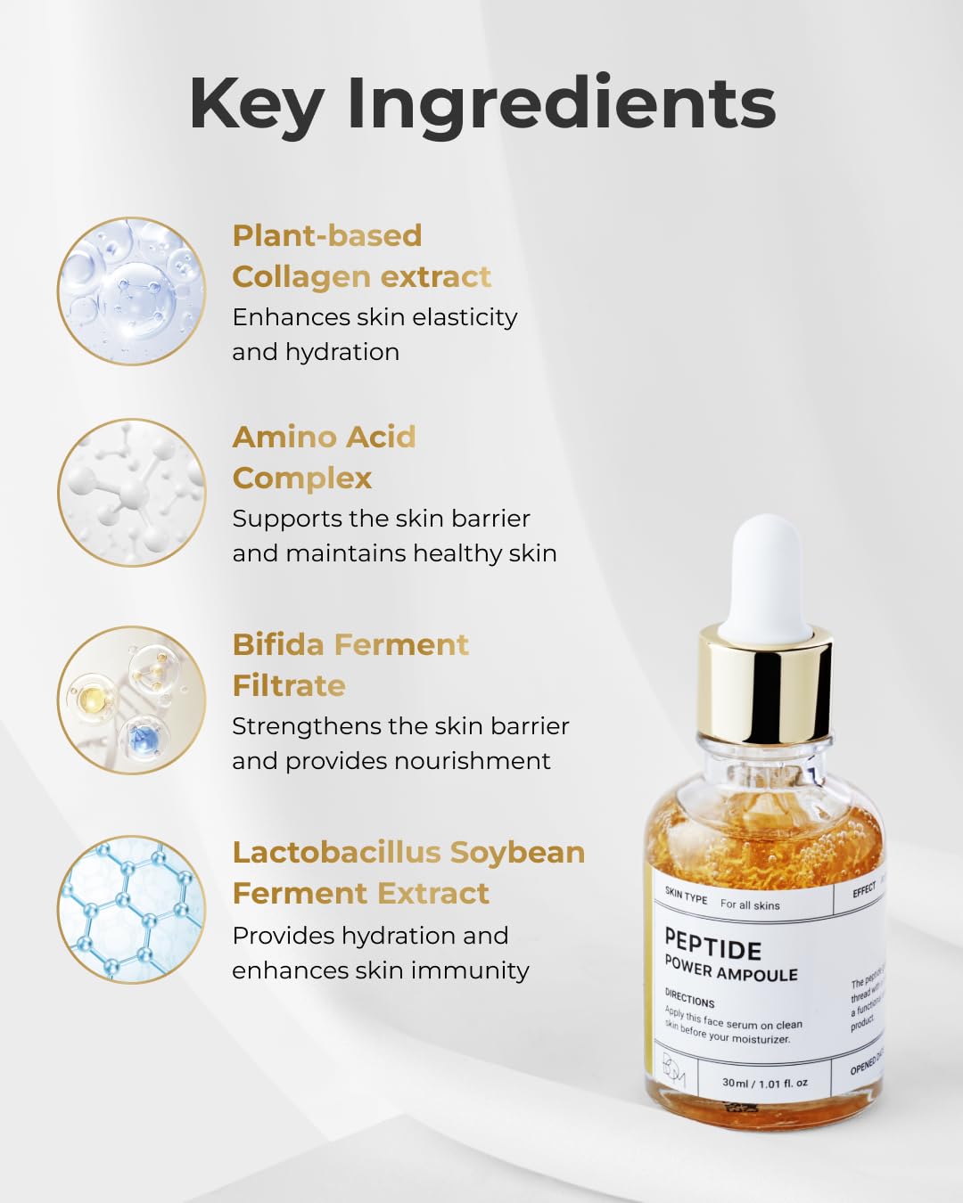 BOM COSMETICS Peptide Power Ampoule 1.01 Fl Oz, Penta-Peptide with 24k Gold Thread and 99% Pure Gold for Skin Collagen Boost, Firming Serum to Improve Elasticity and Radiance, Korean Skin Care