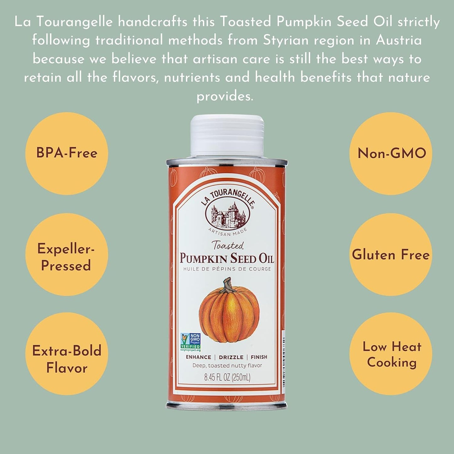 La Tourangelle, Toasted Pumpkin Seed Oil, Great for Cooking, Salad Dressings, Pastas, and Spreads, Health and Beauty Oil, 8.45 Fl Oz