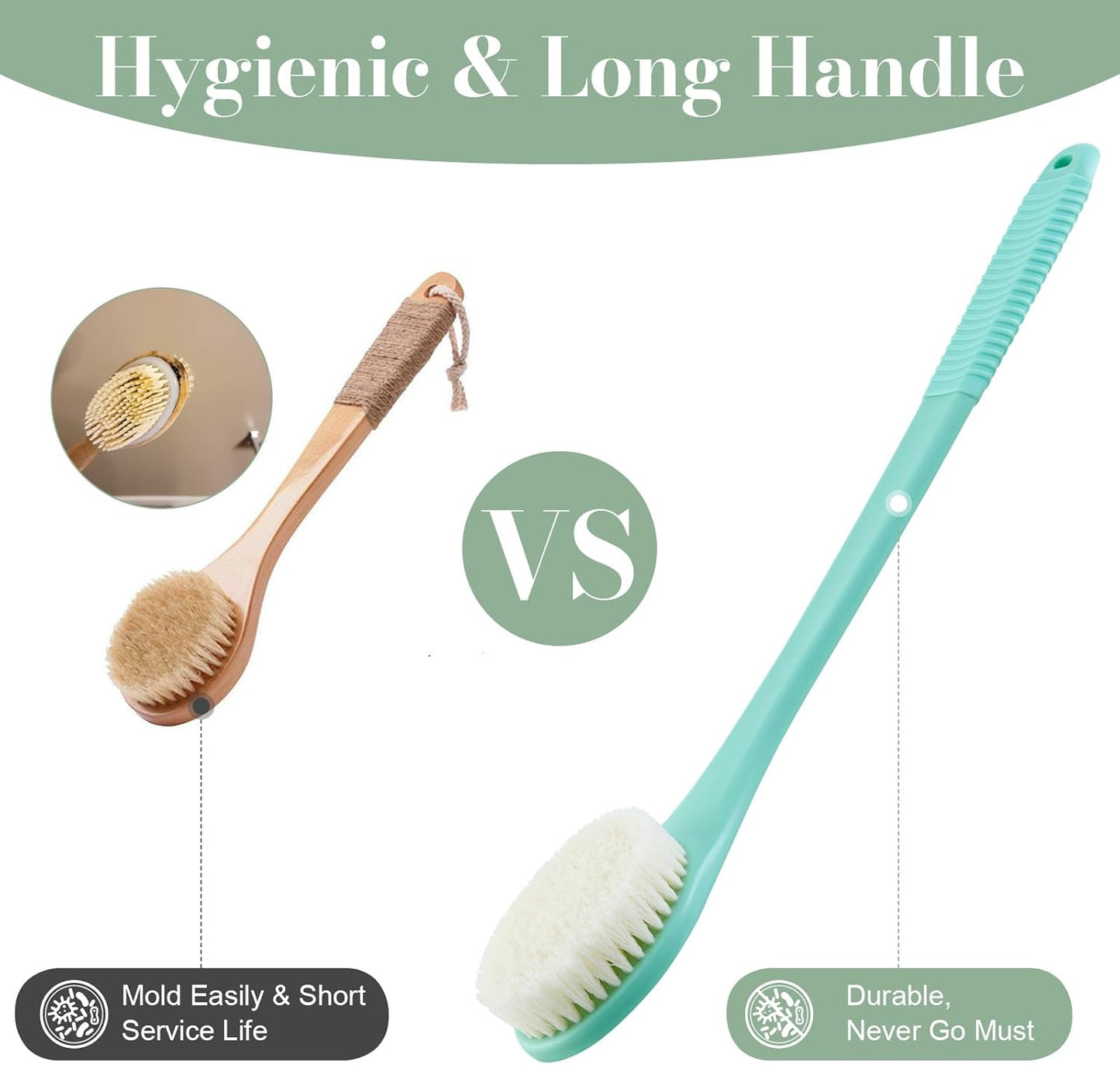 Back Scrubber for Shower, Shower Body Brush for Cleaning with Long Handle for Showering, 17 Inch Back Washer Exfoliator for Shower Men Women with Non-Slip Handle, Adhesive Hook (Celadon Green)