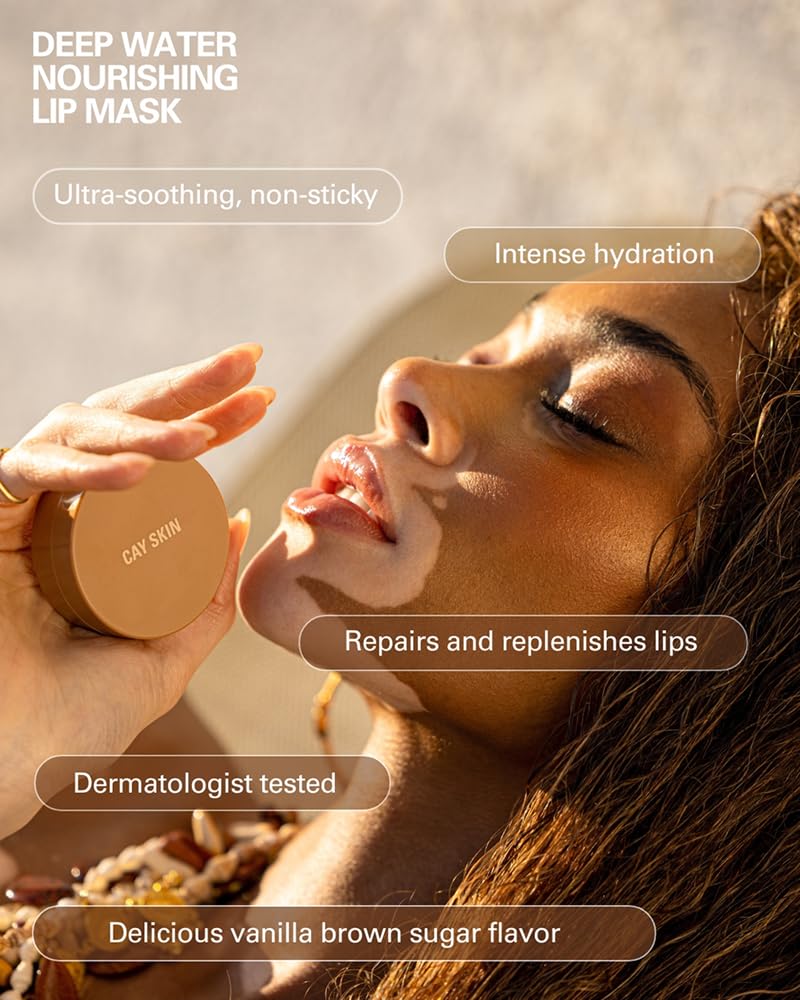 Cay Skin Deepwater Nourishing Lip Mask – Sleeping Mask for Overnight Repair & Hydration with Vitamin E + Shea Butter – Non-Sticky, Clear Formula in Signature Vanilla Brown Sugar Flavor – 0.7 oz