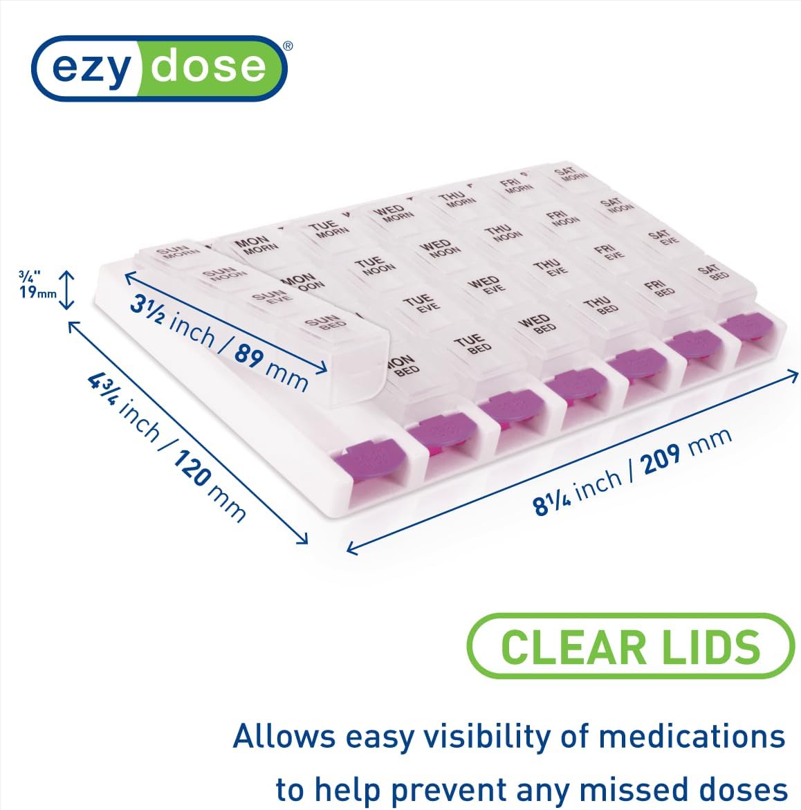 EZY DOSE Weekly (7 Day) 4 Times a Day Push Button Pill Organizer and Vitamin Planner, Removable Daily Pillboxes, Purple, Clear Lids, Small