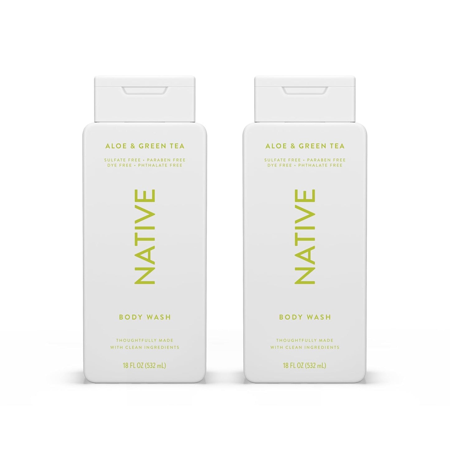 Native Body Wash Contains Naturally Derived Ingredients | For Women & Men, Sulfate, Paraben, & Dye Free Leaving Skin Soft and Hydrating |Aloe & Green Tea 18 oz - 2 Pk