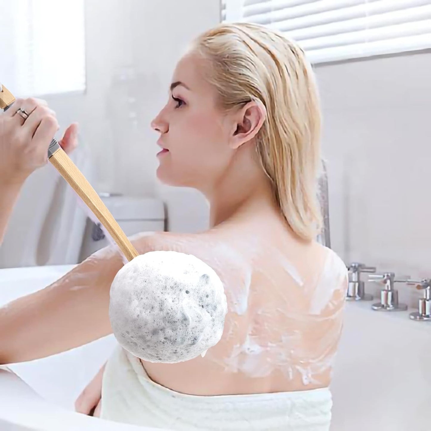 AmazerBath Shower Sponge Loofah Back Scrubber, PE Soft Mesh Loofah Body Scrubber with Long Wooden Handle, Bath Sponge for Men Women (Gray)