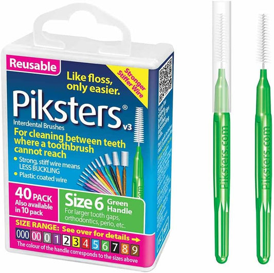 Piksters Interdental Brushes, 40 pk, Size 6, Interdental Tooth Brush for Larger Gaps, Gum Soft Bristles for Plaque Removal, Safe for Braces