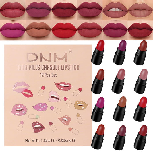 evpct 12Pcs Mini Pills Lipstick Capsule Set for Women Waterproof Long Lasting, Dark Ruby Deep Wine Mauve Red Purple Nude Brown Matte Small Magic Permanent 24 Hour Lipstick Bulk Samples 02