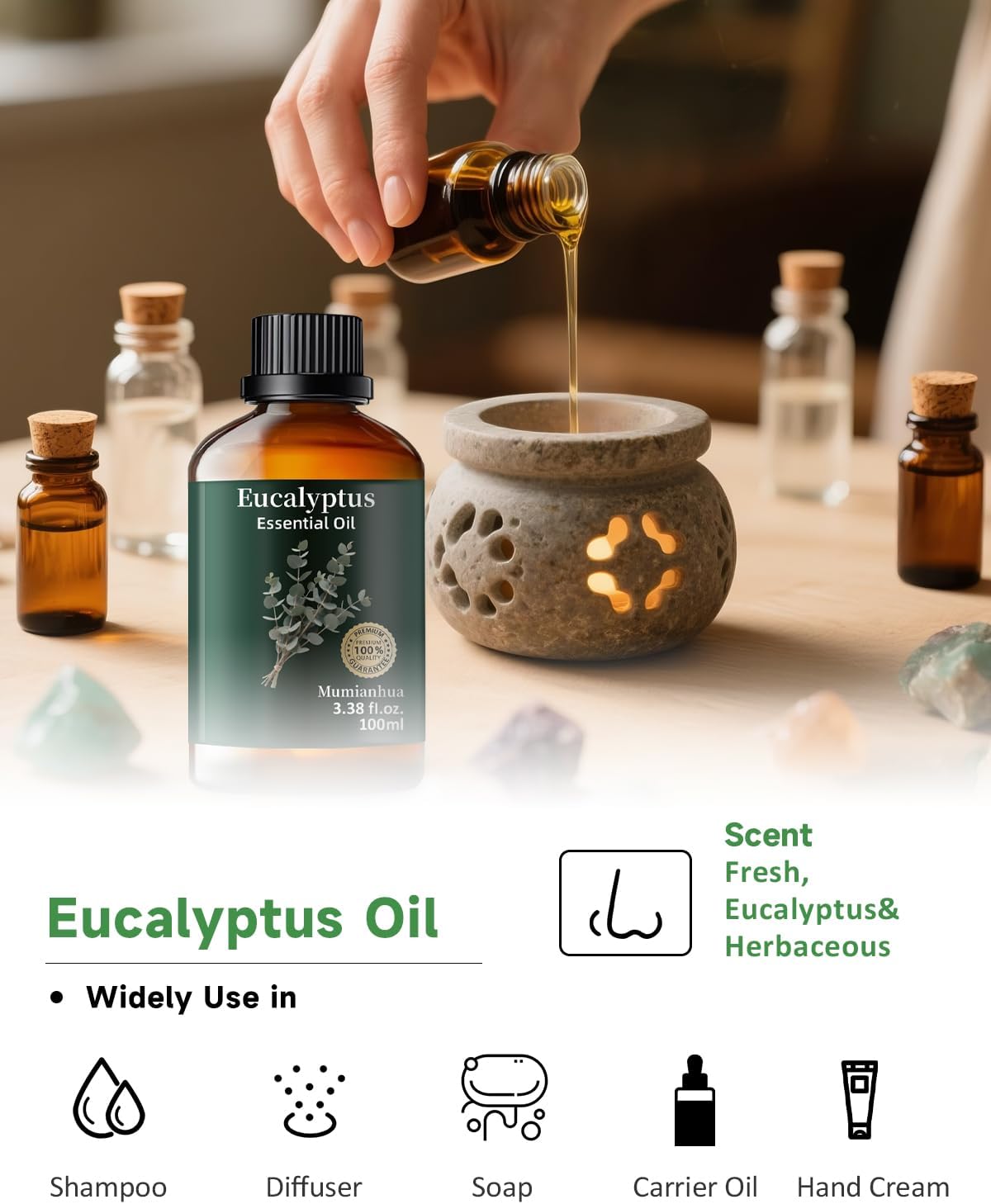 Eucalyptus Essential Oil Pure Mumianhua Natural Eucalyptus Oil for Diffuser, Face, Skin Care, Aromatherapy, Hair Care, Scalp and Body Massage,Spray Candle Making 3.38 Fl Oz