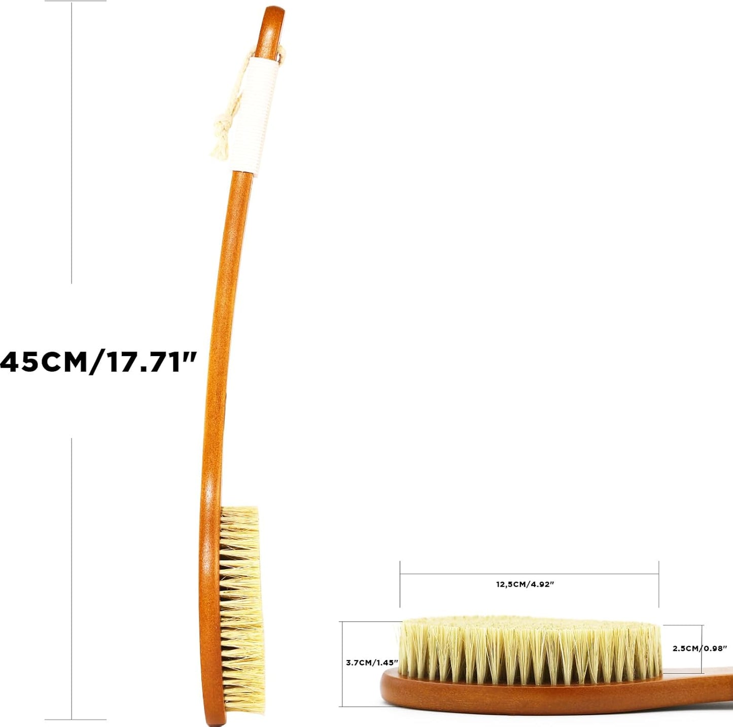 ICANdOIT-17.71Inch Natural Stiff Sisal Bristles Anti-Slip Curved Long Handle Bath Brush,Bent Handle Shower Scrubber for Exfoliating,Shower Back Brush