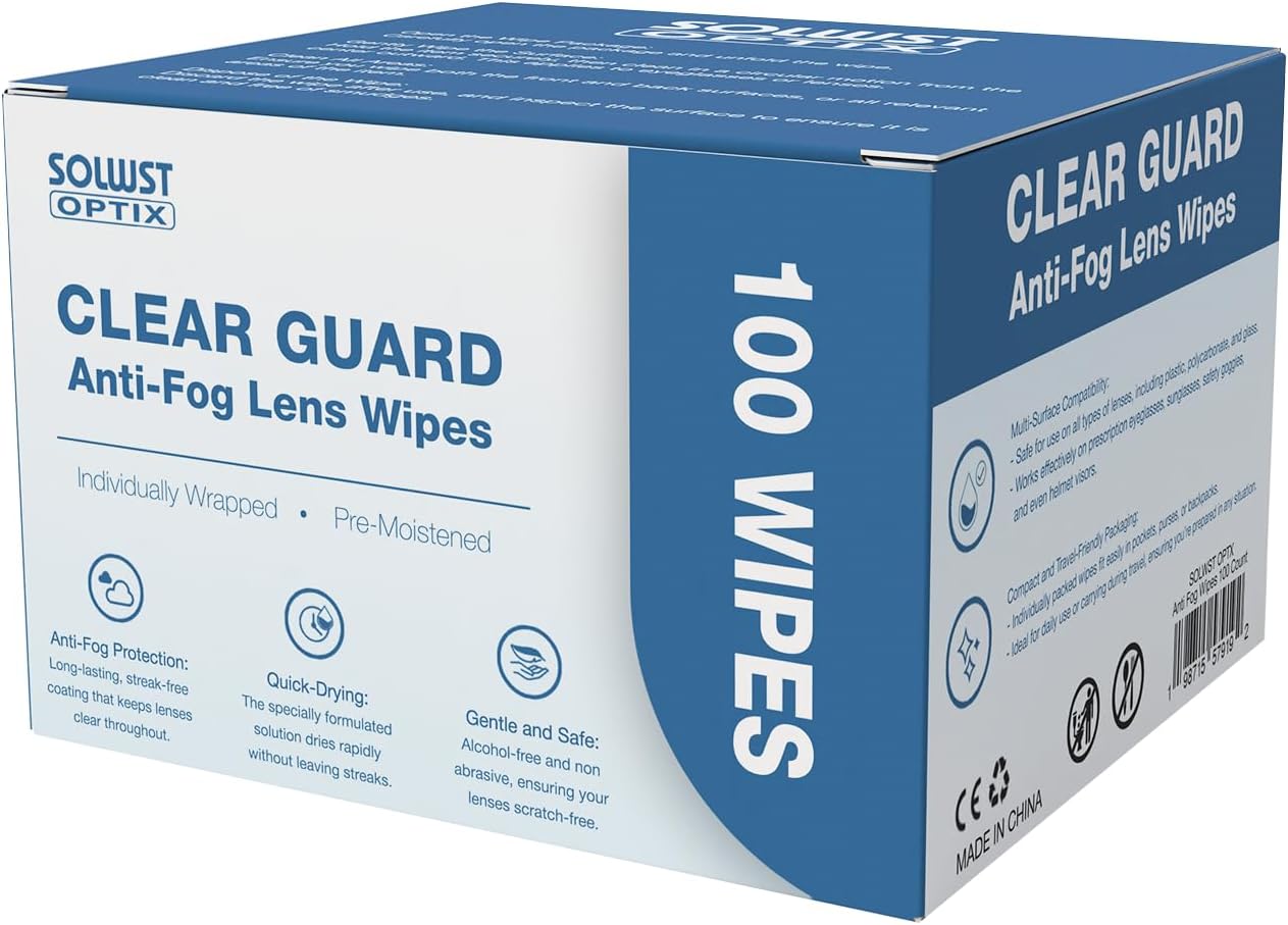 Optix Clear Guard Anti Fog Lens Wipes - 100 Pre-Moistened, Individually Wrapped Wipes for Eyeglasses, Camera Lenses, Sunglasses, Face Shields, Visors, Goggles, and Other Surfaces