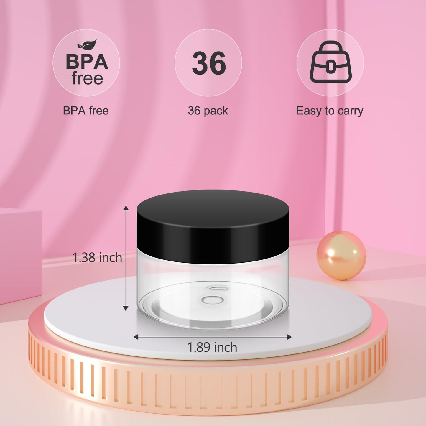 36 Pack 1 OZ Plastic Jars with Lids, BPA Free, Reusable, Refillable Transparent Cosmetic Containers for Bath Salts, Cosmetics, Powders, Beauty Product and Small Accessories