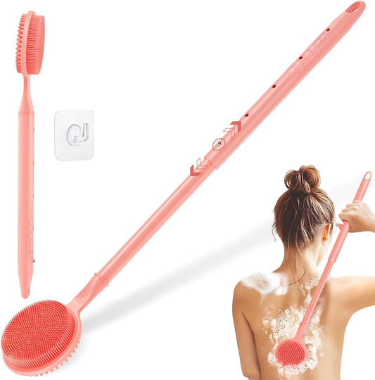 Adjustable Silicone Back Scrubber for Shower, 16''-24'' Extendable Shower Back Scrubber for Rich Foam, 5-Length Back Brush Bath Brush with Dual-Side Head and Super-Lathering Bristles(Pink)