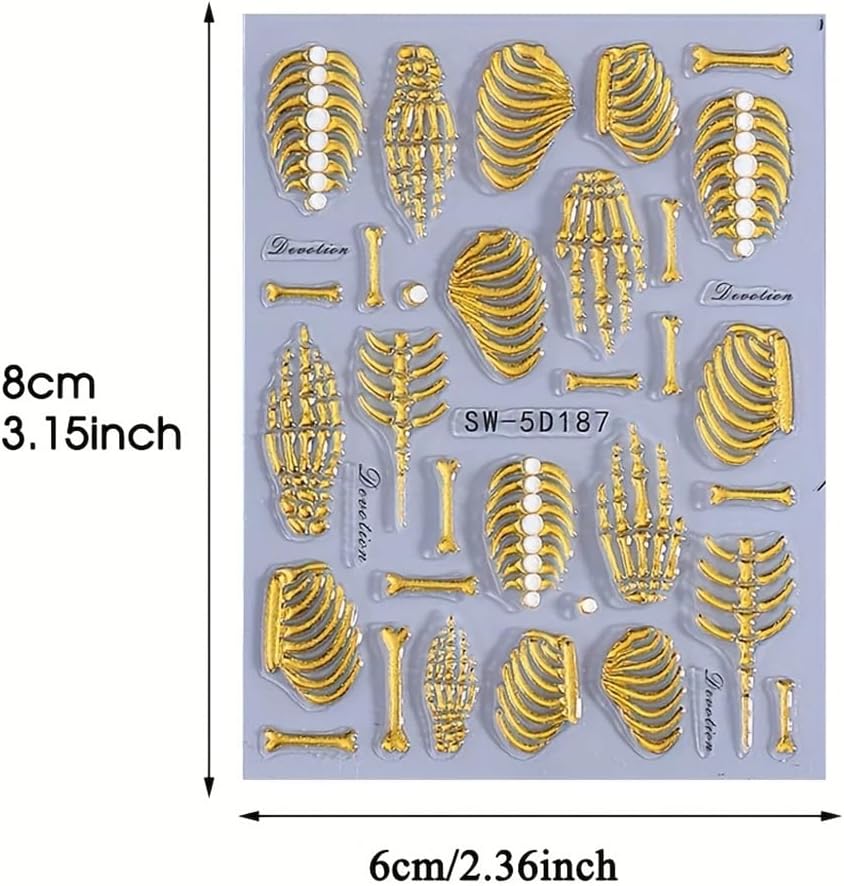 3 Sheets 5D Embossed White Claw Skull Nail Decals Halloween Nail Art Sticker Gold Pink Skeleton Nail Stickers 5D Self-Adhesive Hand Bone Nail Supplies Holiday Nails Accessories for Women DIY Manicure