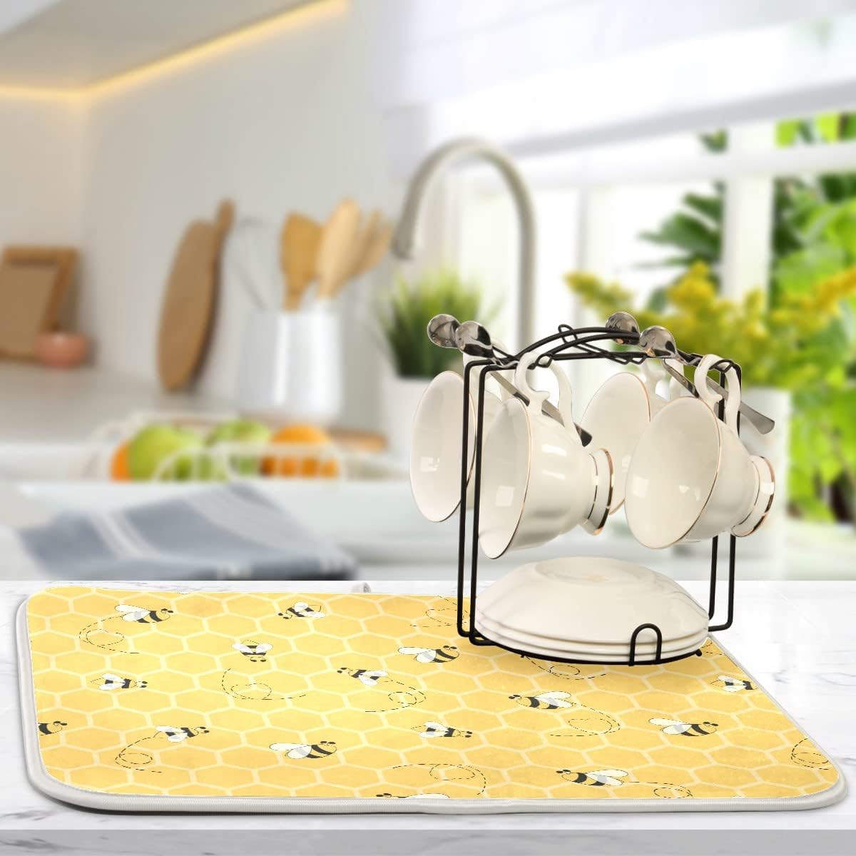 Funny Bees Honey Dish Drying Mat 16x18 for Kitchen Counter Yellow Bumblebee Beehive Dishes Pad Absorbent Fast Dry Dish Draining Mats Medium Kitchen Accessories