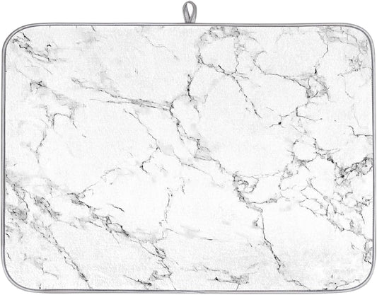 Dish Drying Mat White Gray Marble Texture Large Drying Mat for Kitchen Counter 18x24in Absorbent Dish Drainer Rack Pad, Heat Resistant Coffee Bar Mats Countertop Protector