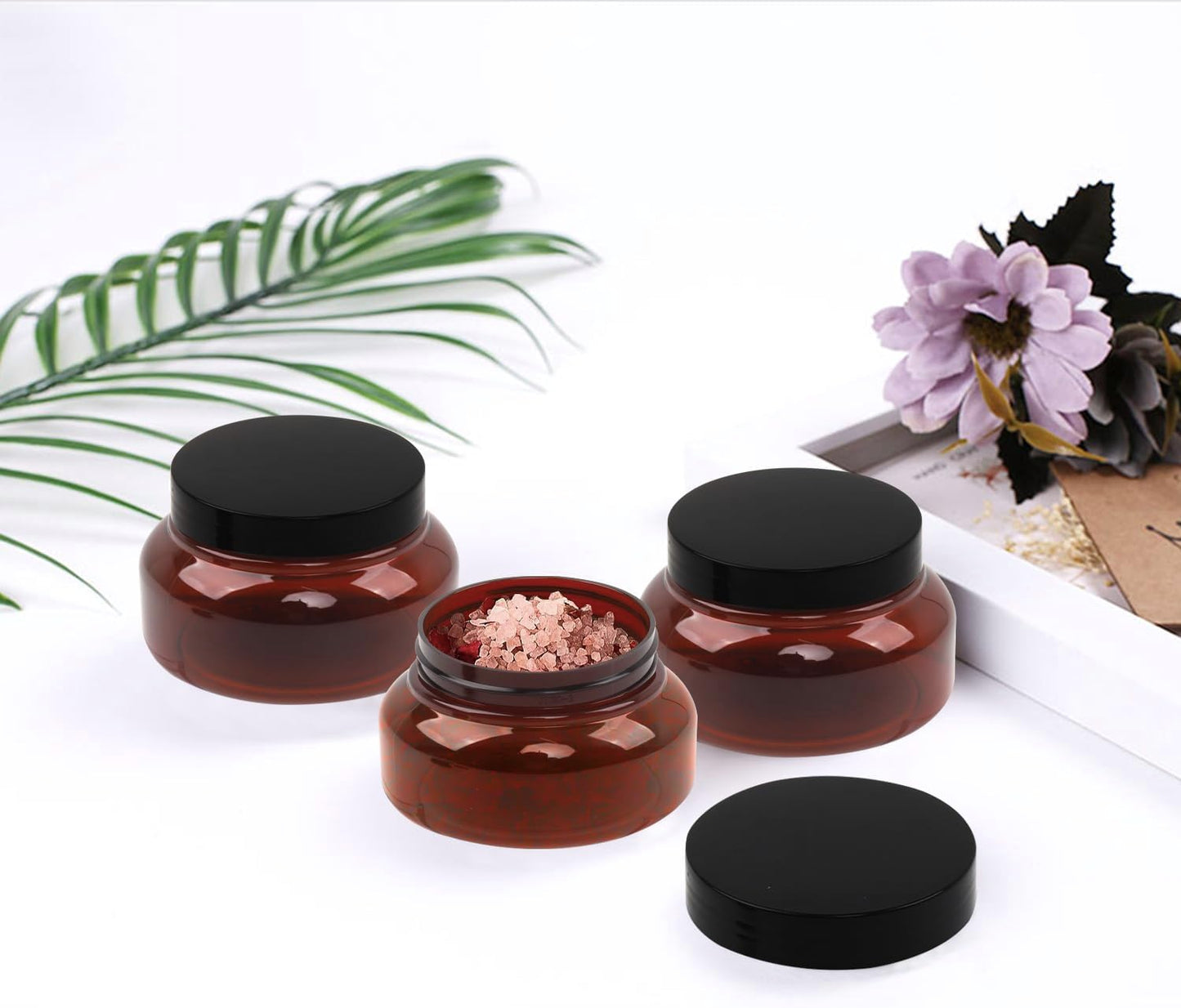 Amber Plastic Jars with Lids, 12 Pack Brown Body Scrub Jars Empty Refillable Containers Round Low Profile Samples Jars for Lotion, Body Butter, Sugar Scrub, Cream (7 OZ)