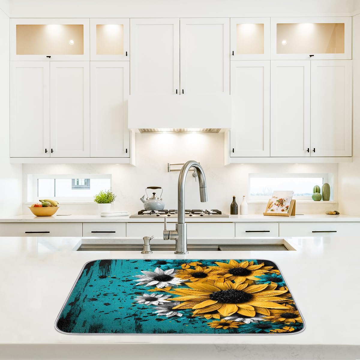 Dish Drying Mat Turquoise Wooden Sunflower Large Drying Mat for Kitchen Counter 18x24in Absorbent Dish Drainer Rack Pad, Heat Resistant Coffee Bar Mats Countertop Protector