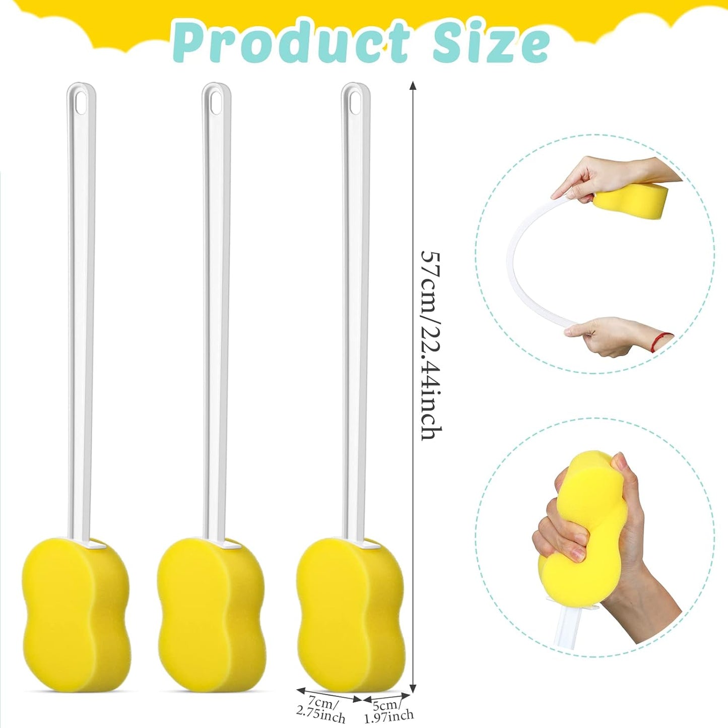 3 Pieces Long Handle Sponge 22.4'' Back Sponge on a Stick Body Brush Handled Washer Scrubber for Foot Body Limited Motion(Yellow)