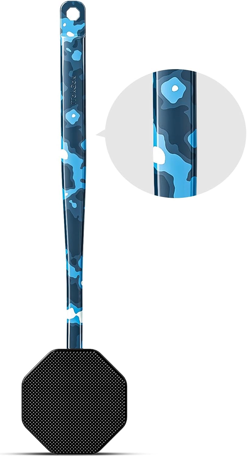 iTokGoK® Platinum Camo Blue Pattern Silicone Back Scrubber with Long Handle Back Brush for Shower,Silver-Infused Back Scrubber for Men and Women (Camo Blue)