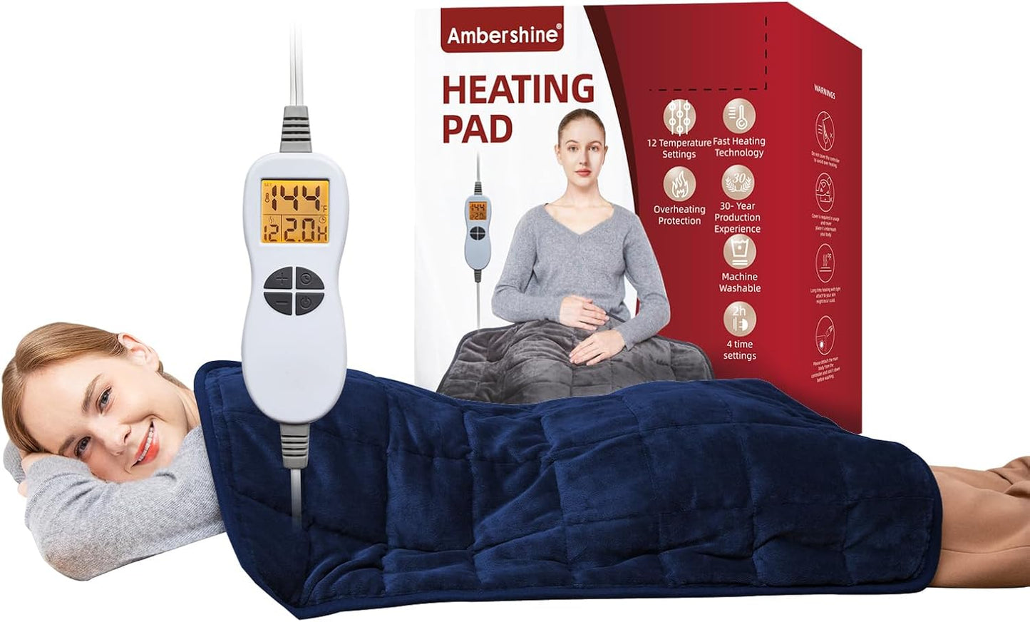 Ambershine 17''x33'' Weighted Heating Pad, 5.2lbs with 12 Temperature Settings & 4 Auto-Off Timers, Pain Relief for Back/Neck/Shoulders/Abdomen/Legs, Christmas Gifts for Mom Dad Women Men(Dark Blue)