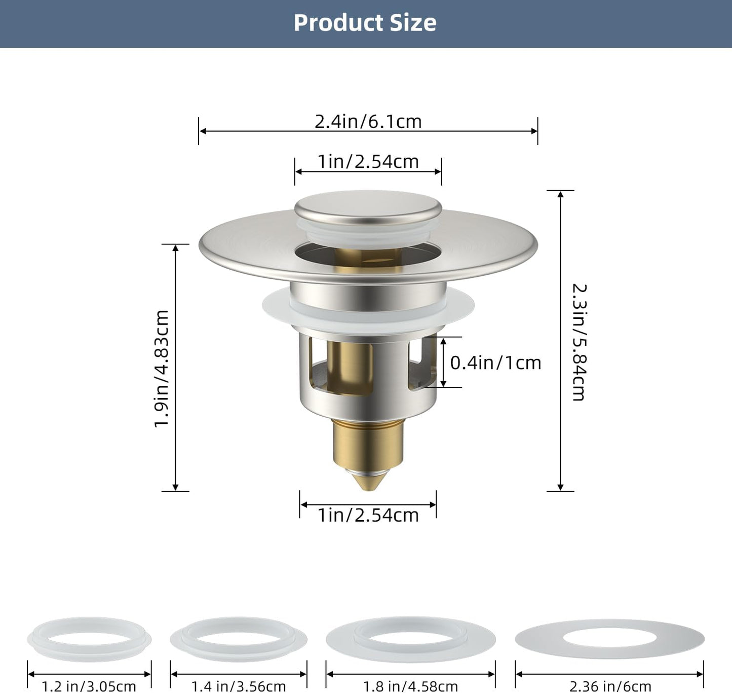 Hibbent All Metal Universal Bathroom Sink Stopper for 1.1''~2.3'' Basin, Pop Up Sink Drain Strainer, Brass Bullet Core Push Type Stopper, Stainless Steel Anti Clogging Drain Filter, Brushed Nickel