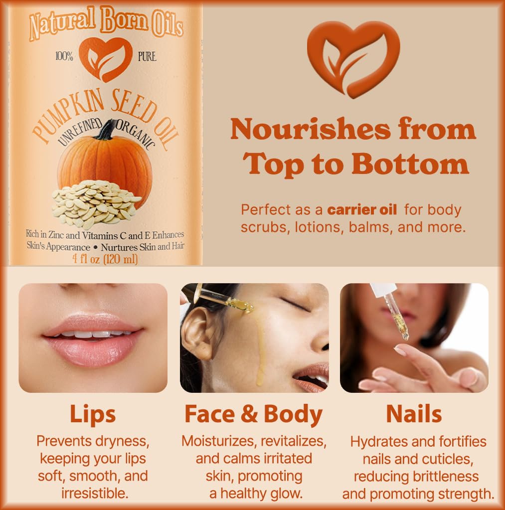 Natural Born Oils Pumpkin Seed Oil, 16oz, Organic, Cold-Pressed, Nutrient-Rich, Excellent for Radiant Skin, Lustrous Hair