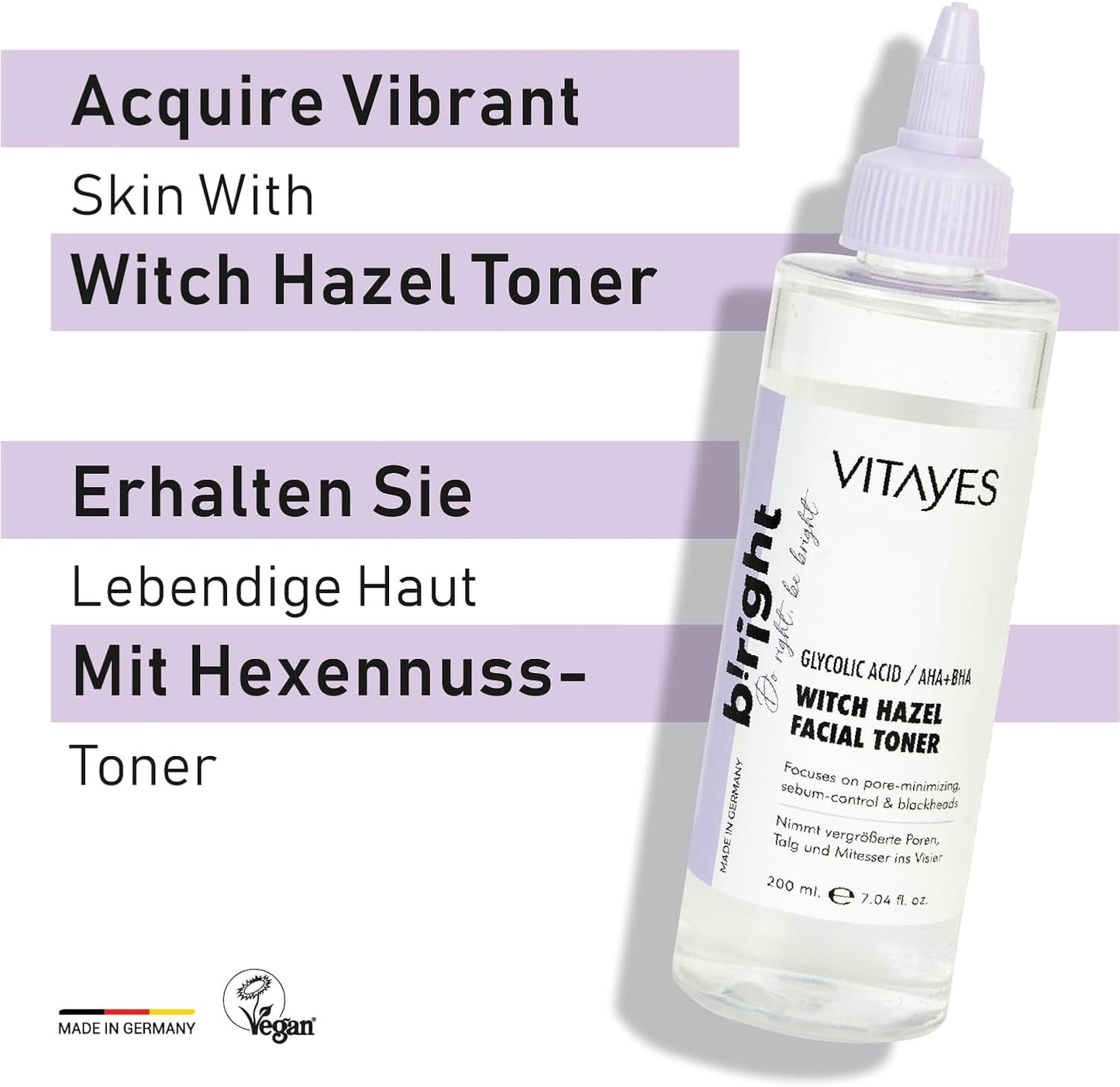 VITAYES b!Right Witch Hazel Toner for Face AHA, BHA & Glycolic Acid - Pore Reducing & Deep Cleansing - Premium Skin Care Essence for Radiant Beauty 6.76 Fl Oz (Pack of 1)