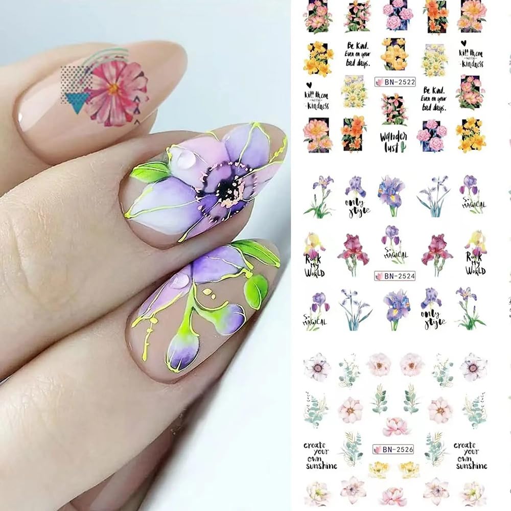 12 Sheets Flower Water Transfer Nail Stickers Purple Fresh Flower Nail Art Decals with Assorted Pattern Blossom Floral Butterfly Dragonfly DIY Nail Art supplies for Women Nail Decorations Manicure Tip