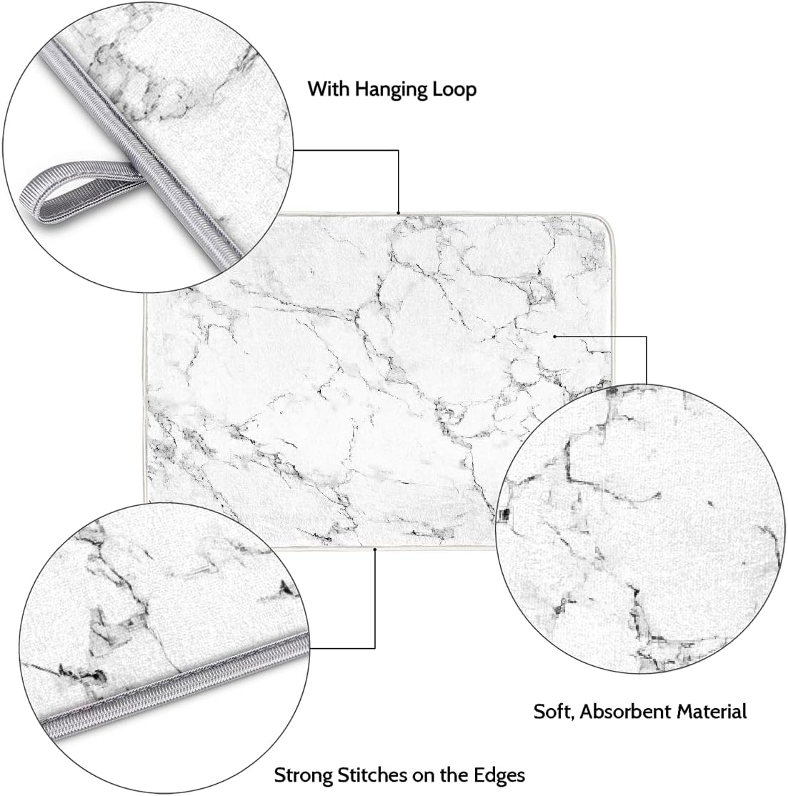 Dish Drying Mat White Gray Marble Texture Large Drying Mat for Kitchen Counter 18x24in Absorbent Dish Drainer Rack Pad, Heat Resistant Coffee Bar Mats Countertop Protector