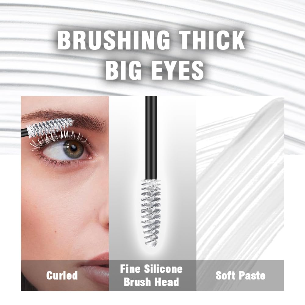White Lashes Mascara | Waterproof Volumizing Primer & Extensions, 24H Flake-Proof, Sensitive Eyes Safe, Salon-Level Drama for Parties/Stage Makeup/Special Events, Curling, Multiplying