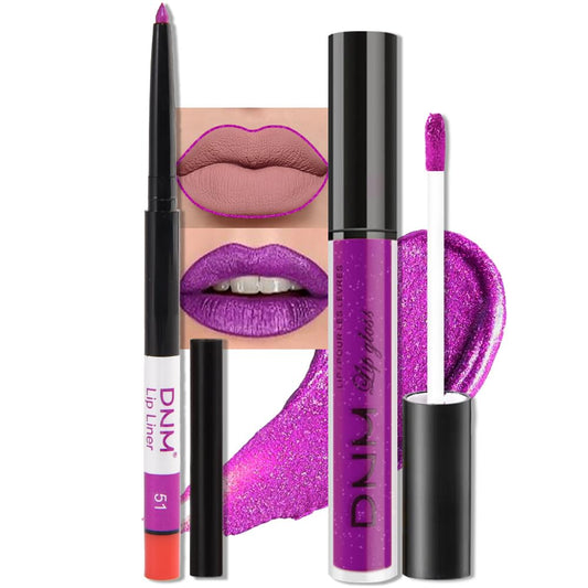 evpct 2Pcs Purple Shimmer Glitter Shiny Liquid Lipstick Lip Gloss Stain and Retractable Lip Liner Makeup Set for Women Long Lasting Waterproof 24 Hours Lipstick labial mate larga duracion 24 51#