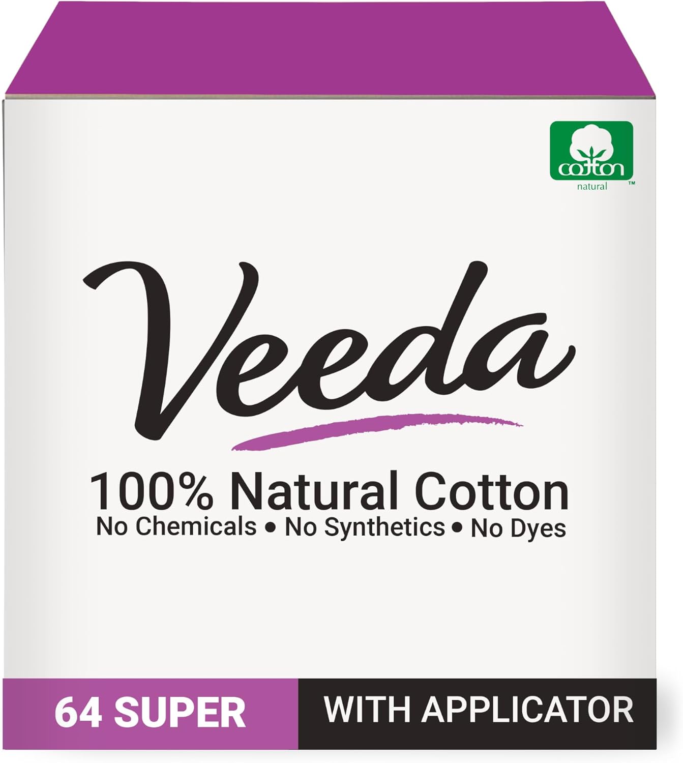 Veeda 100% Natural Cotton Tampons - Super Absorbency with Leak Proof Protection - Compact BPA-Free Applicator - Unscented & Free from Chlorine, Toxin - 64 Count