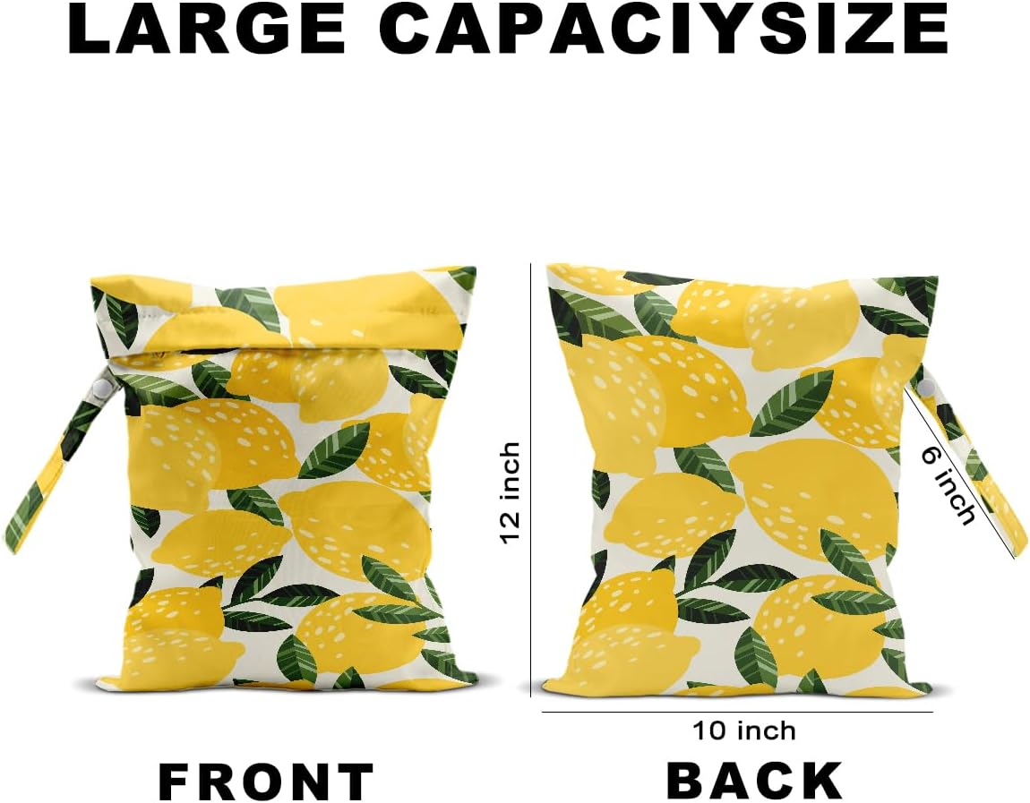 2Pcs Lemon Orange Print Wet Bags, Wet Dry Bag Reusable for Swimsuit, Travel, Diapers, Beach, Dirty Yoga Gym Clothes, Toiletries, Makeup Bag, Waterproof Birthday Christmas Gifts