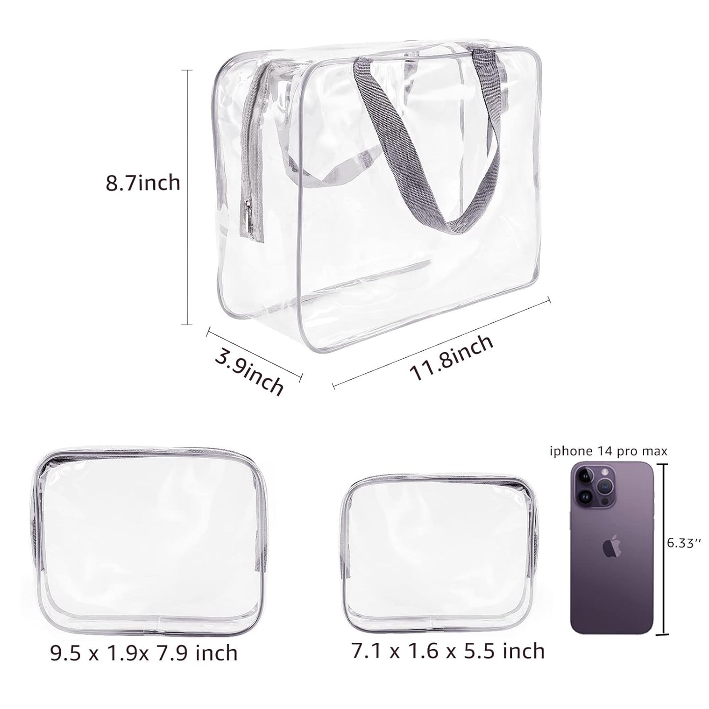 5Pcs Crystal Clear PVC Travel Toiletry Bag Kit for Women Men, Waterproof Vinyl Packing Organizer Storage Bags with Zipper Handle Straps, Cosmetic Pouch Carry on Airport Airline Compliant Bag Handbag