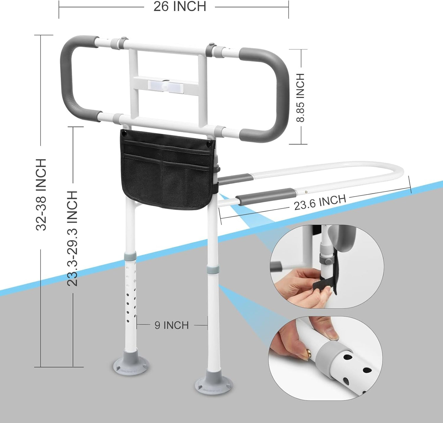Bed Rails for Elderly Adults, Height Adjustable Bed Assist Rail with Motion Light & Storage Pouch, Safety Bed Handle with Support Legs for Seniors, Fit Any Bed