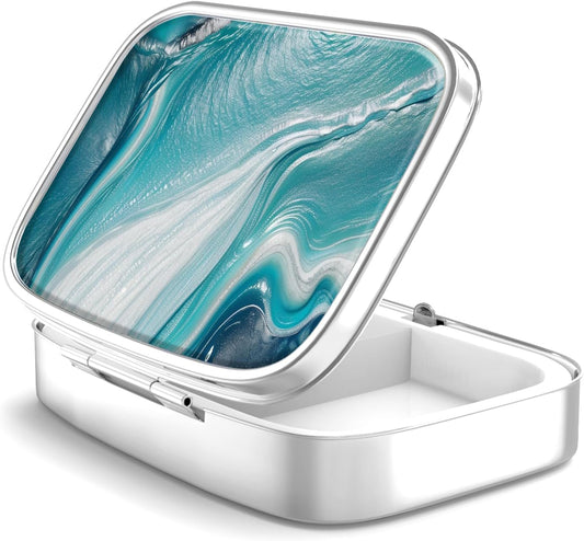 Pill Box 2 Compartment Small Pill Case,Portable for Pocket or Purse Pill Organizer Pill Container Holder to Hold Vitamins, Medication, Fish Oil and Supplements(Ocean Marble)