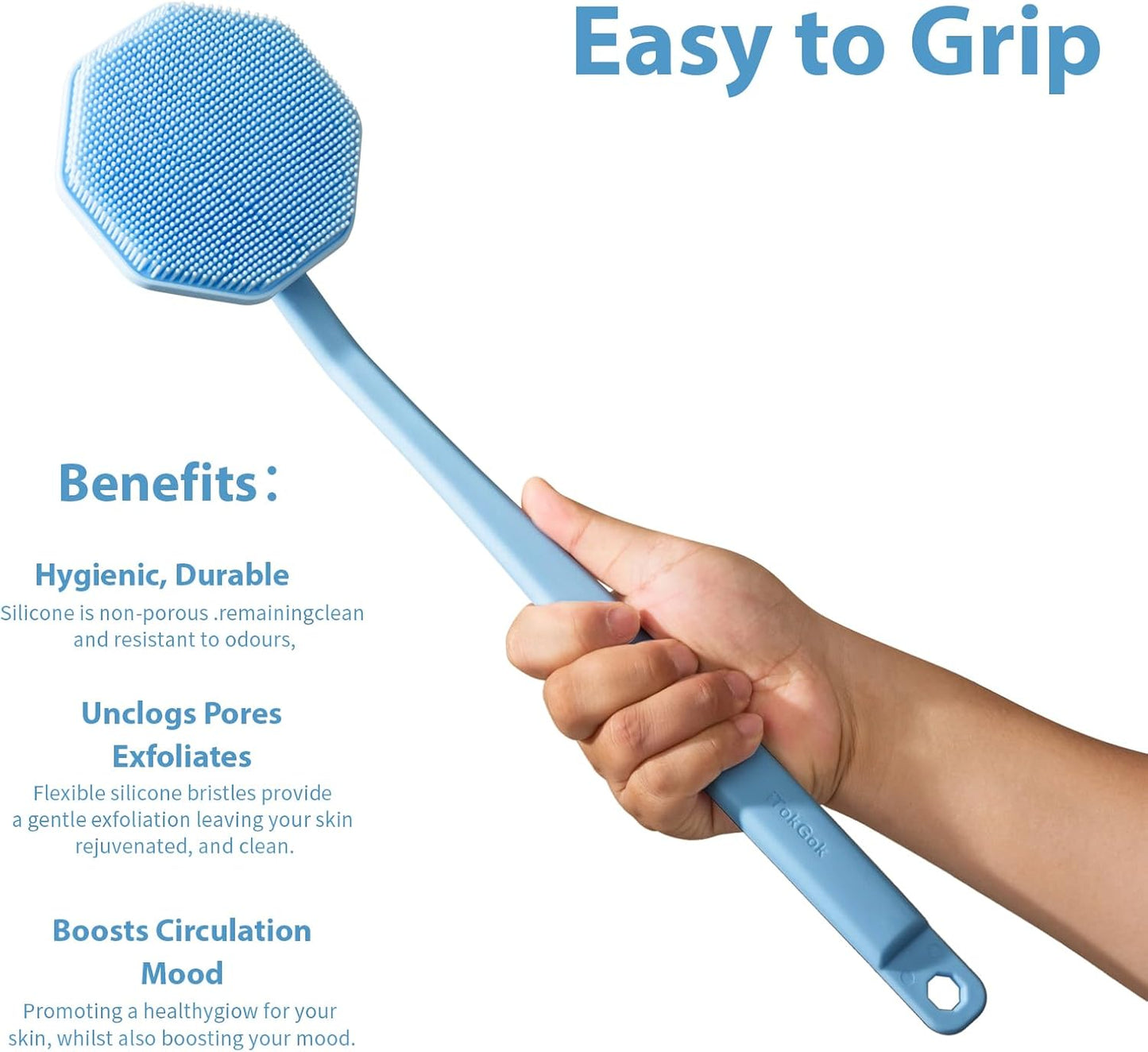 iTokGoK® Silver-Infused Silicone Back Scrubber with Long Handle Back Brush for Shower,Back Brush Long Handle for Men and Women,Ergonomic No-Slip Handle, Long-Lasting (Sky Blue)