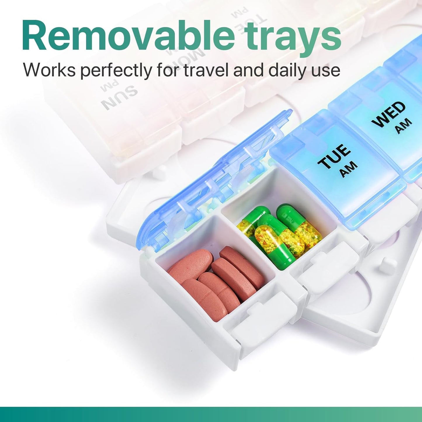 Sukuos AM PM Weekly Pill Organizer 7 Day, 2 Times A Day Medicine Pill Box with Easy Push Button, BPA Free Vitamin Cases for Fish Oil/Supplements, Easy to Clean (Yellow&Blue)