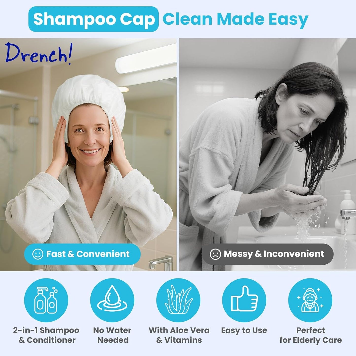 Drench! No Water Hair Washing Cap - Waterless Shower Caps with Shampoo and Conditioner - Disposable Rinse Free Wash Aids - Ideal for Elderly and Disabled - Pack of 12