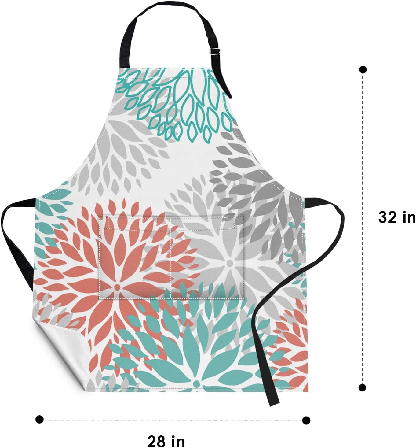 Britimes 2 Pack Aprons, Dahlia Flower Geometric Plaid Adjustable Bib Aprons with 2 Pockets for Women Men Couple Lovers Chef Home Kitchen Cooking Baking Gardening Coral Teal Chevron Apron 32x28 Inches