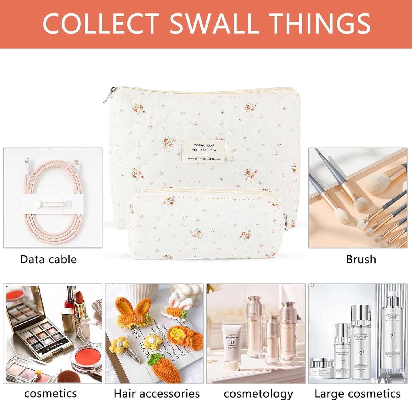 2Pcs Quilted Cotton Makeup Bag Large Travel Makeup Pouch Small Brush Holder Set for Women Floral Coquette Makeup Bag Cute Aesthetic Cosmetic Bag White Toiletry Organizer Storage Bag Big Zipper Pouch