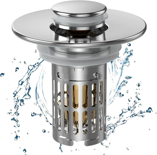 Bathroom Sink Drain Strainer, Pop Up Sink Drain Filter with Removable Stainless Steel Filter Basket Hair Catcher, Sink Drain Strainer, for Us Bathroom Sink Stopper Replacement