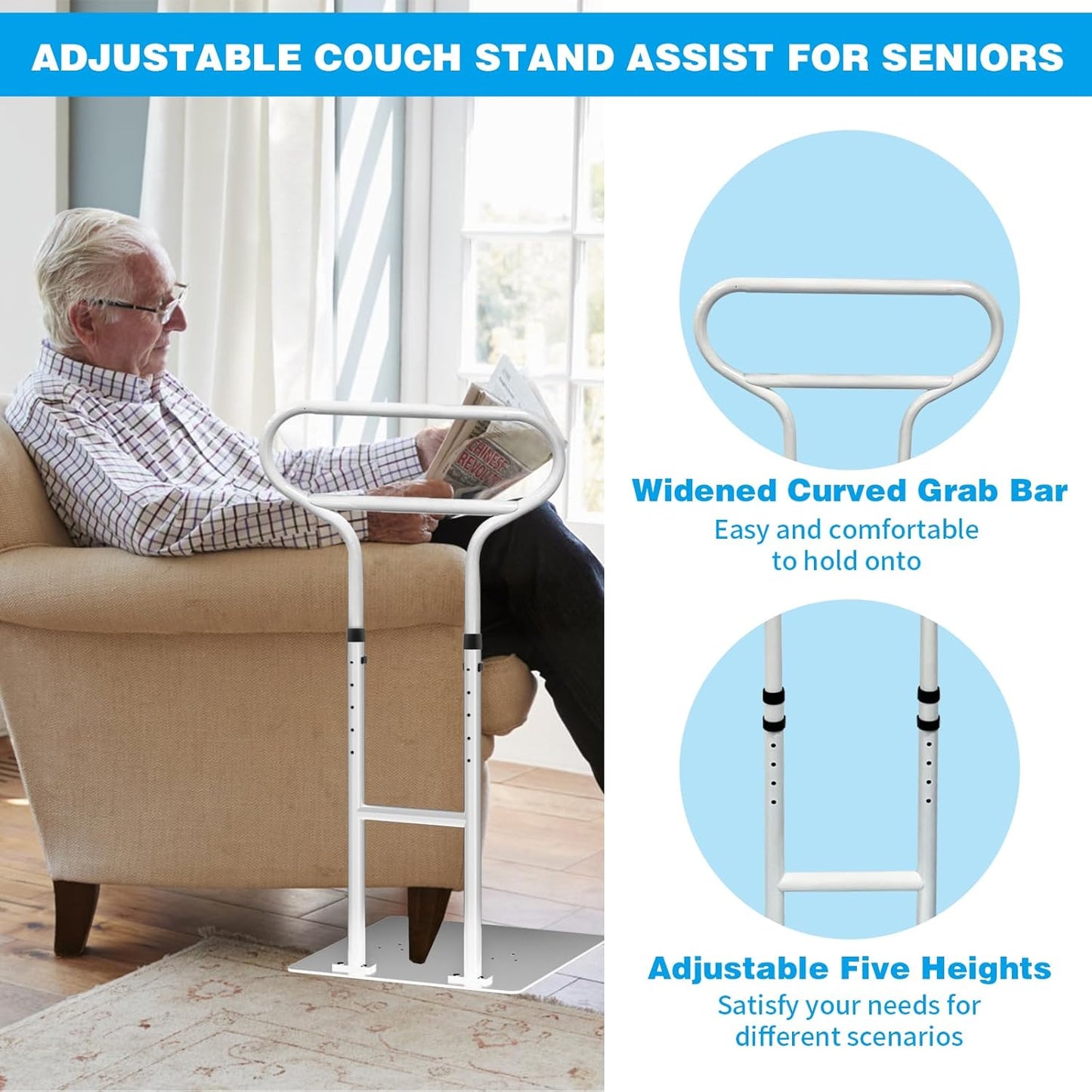 Bed Rails for Elderly Adults Safety, Adjustable Bed Cane for Elderly, Heavy Duty Stand Assist Railing for Seniors, for Couch, Chair, Full, Twin Bed (260LBS Loading, 5 Heights, White)