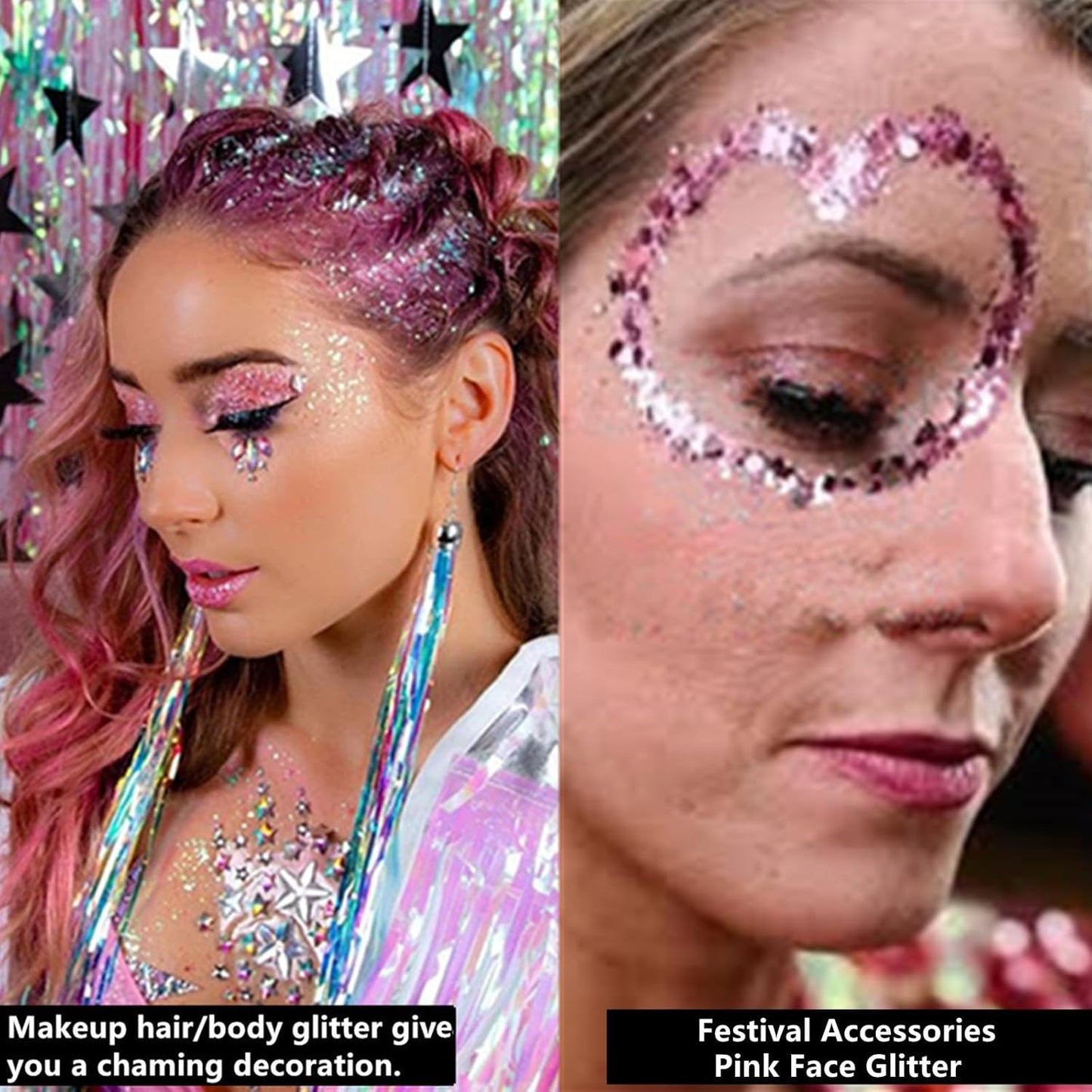 Go Ho White Pink and Silver Face Body Glitter Gel Set,Mermaid Face Paint,Holographic Long Lasting Chunky Sequins Glitter Makeup for Singer Concerts,Halloween Festival Rave Accessories