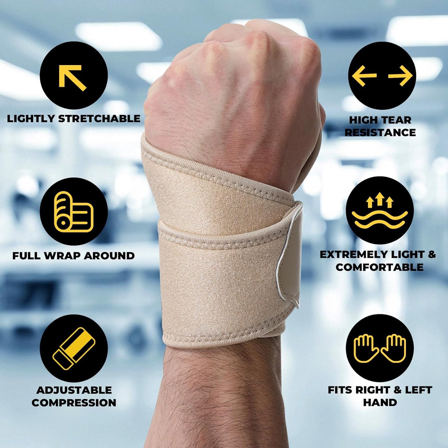 NeoTech Care Wrist Band - Elastic & Breathable Fabric - Adjustable Compression Strap - Men, Women, Right or Left - Support Wrap for Protection or Sports (Beige Color, Size S, 1 Pair)