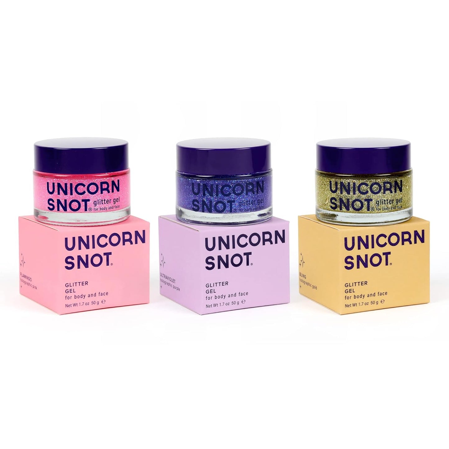 UNICORN SNOT Holographic Face Glitter & Body Glitter Gel: Glitter Makeup, Festival Rave and Anime Cosplay, Halloween Costume Makeup - Vegan & Cruelty Free, 1.7 oz 3-Pack (Flamingo/UV/Bling)