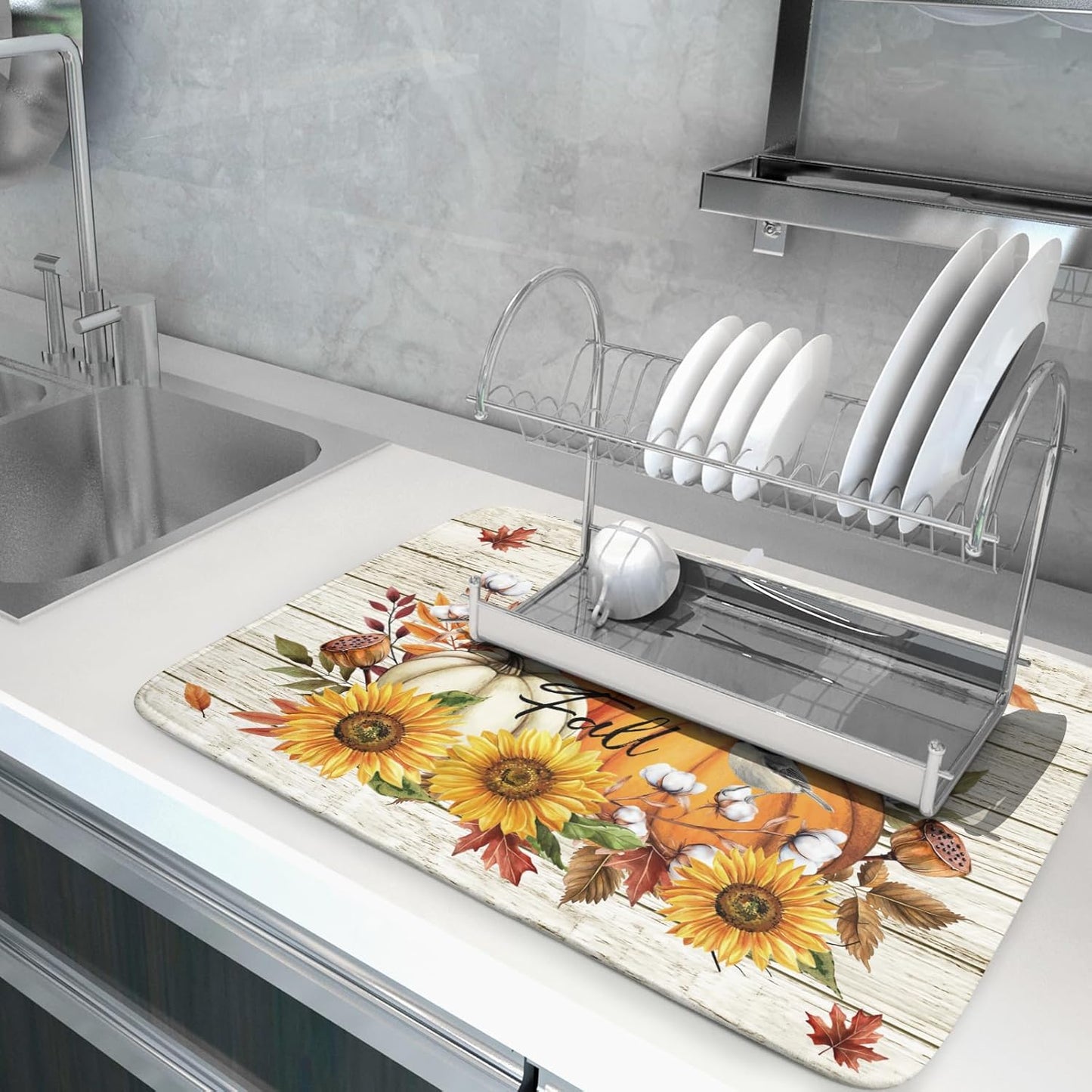 Hello Fall Dish Drying Mat Autumn Pumpkin Dish Drainer Rack Mats 18"x24" Fast Dry Microfiber Dish Drying Pad for Kitchen Countertop Table