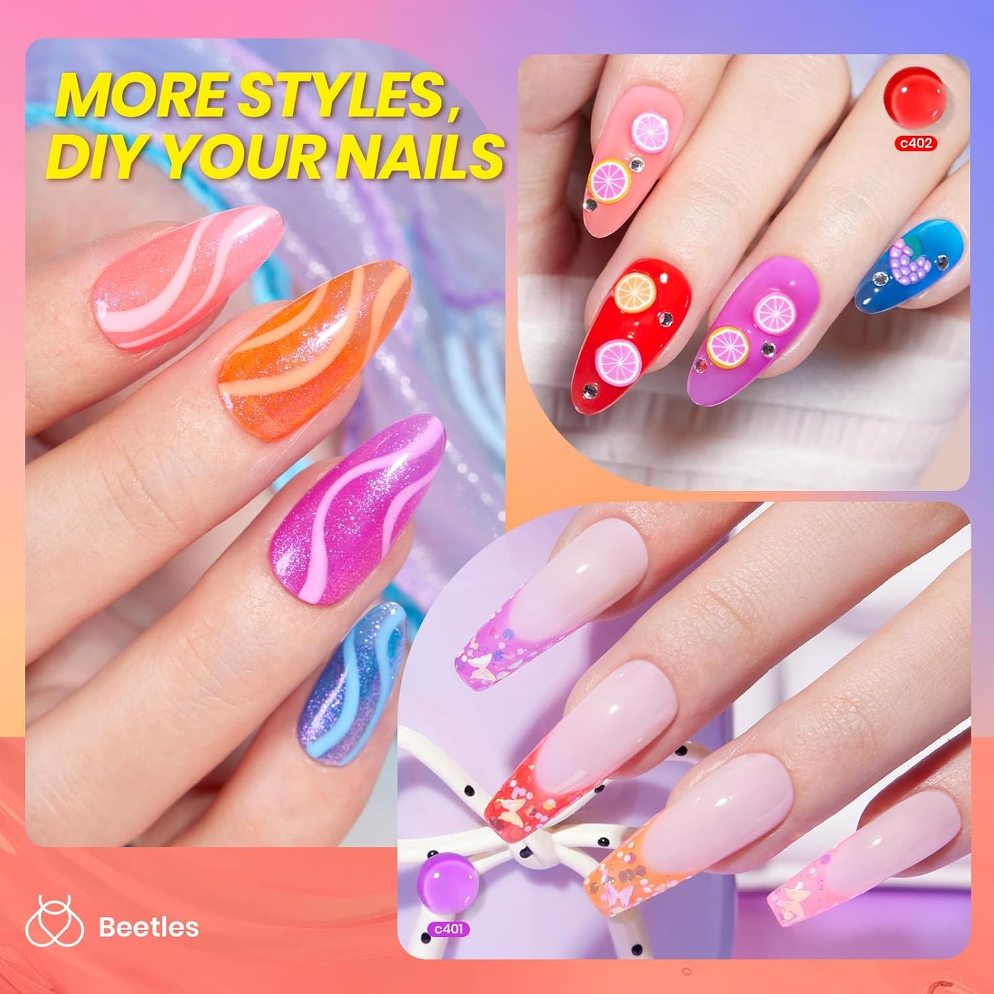 Beetles Jelly Gel Nail Polish Set - 6 Colors Neon Gel Polish Kit Sheer Hot Pink Red Orange Purple Blue Yellow Translucent Effect Soak Off UV French Nail Art Manicure Gift for Women