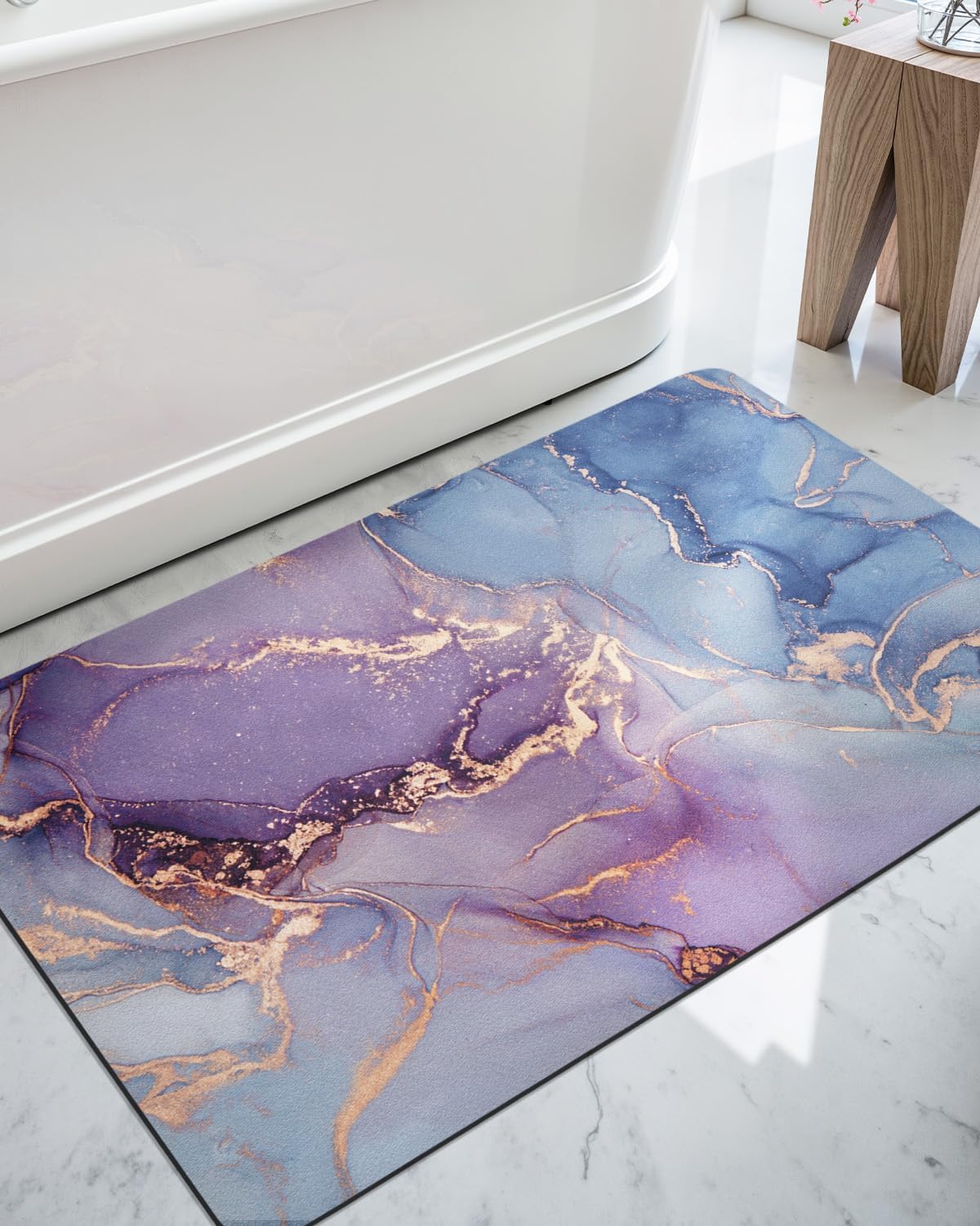 DEXI Bathroom Mat Ultra Thin, Non Slip Bath Rug for Shower Floor, Absorbent Quick Dry Marble Bathmats Low Profile, 17x32, Blue and Purple