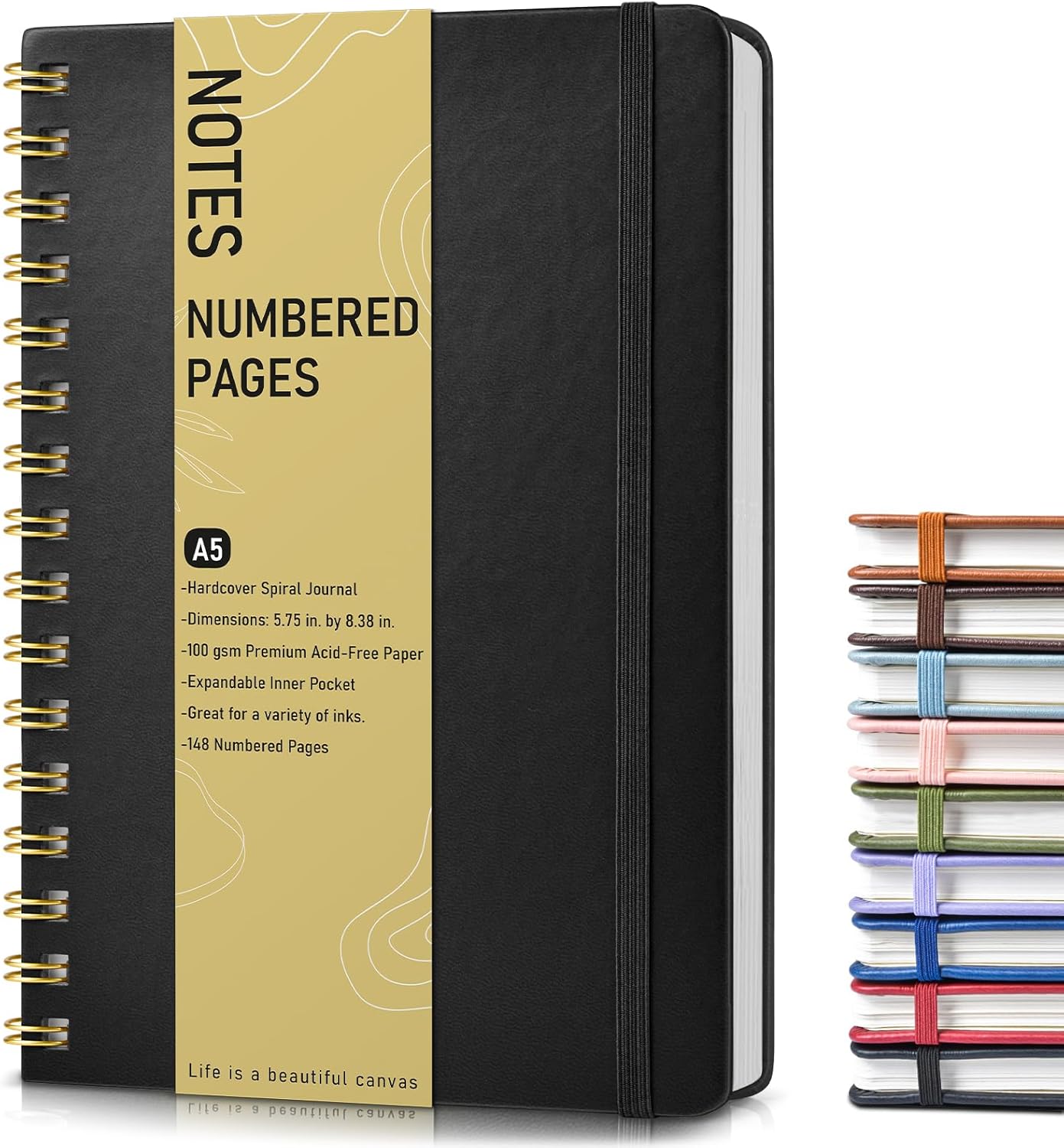 Lined Spiral Journal Notebook, A5 Hardcover Spiral Journals for Women Men, 150 Numbered Pages Spiral Bound Notebook, 100 GSM College Ruled Notebooks for Writing Note Taking Working 5.75" x 8.38" Black